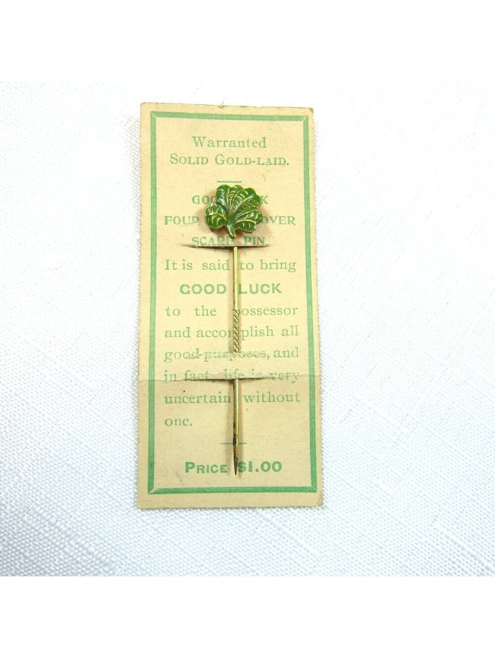 Antique c. 1900 Gold Laid Four Leaf Clover Scarf Stick Pin on Original Card RARE